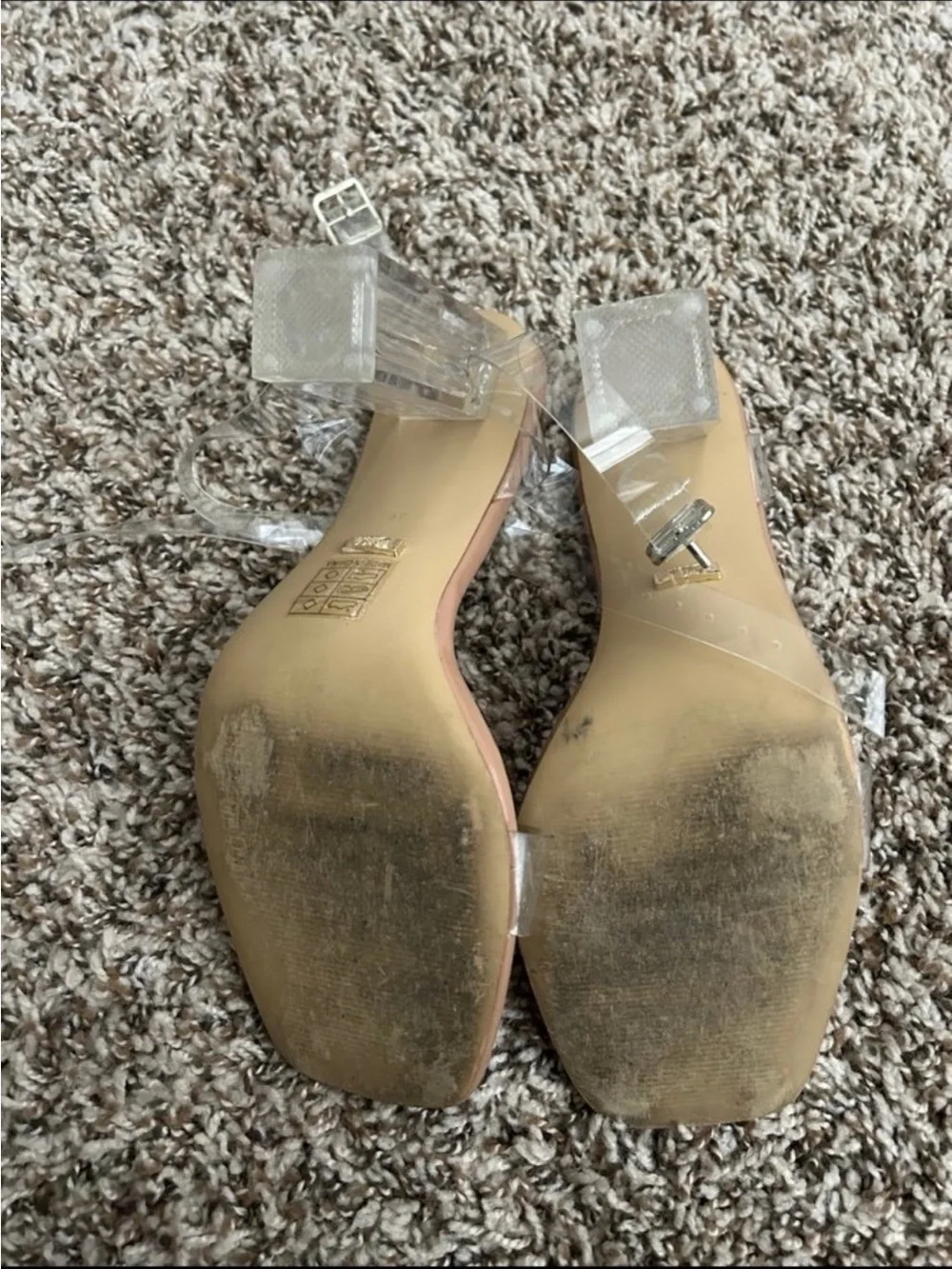 Clear Strap Block Heel Sandals in Nude
